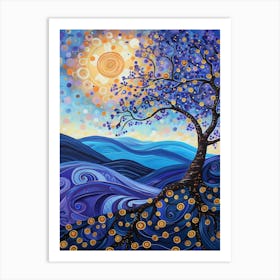 Waves Art Tree Stylized Sun Blue Artistic Abstract Circles Nature Art Print