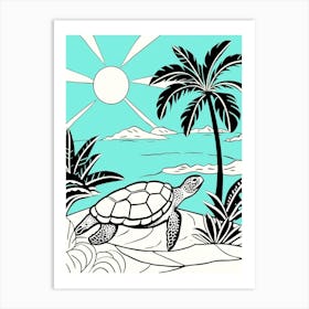 Modern Digital Sea Turtle Illustration Palm Trees 6 Art Print