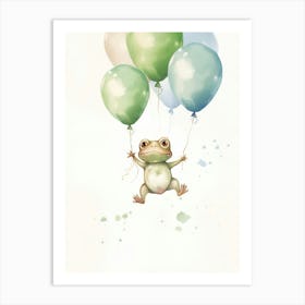 Baby Frog Flying With Ballons, Watercolour Nursery Art 2 Art Print