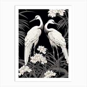 Black And White Cranes 3 Vintage Japanese Botanical Art Print