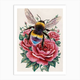 Bee On Roses Art Print