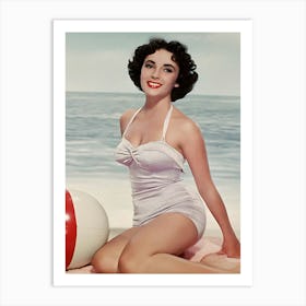 Elizabeth Taylor Poses In A Swimsuit With A Beach Ball Art Print