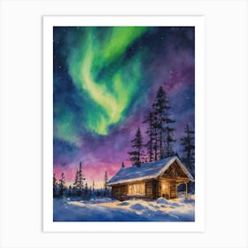 The Northern Lights - Aurora Borealis Rainbow Winter Snow Scene of Lapland Iceland Finland Norway Sweden Forest Lake Watercolor Beautiful Celestial Artwork for Home Gallery Wall Magical Etheral Dreamy Traditional Christmas Greeting Card Painting of Heavenly Fairylights Art Print