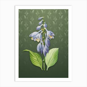 Vintage Blue Daylily Botanical on Lunar Green Pattern n.0505 Art Print