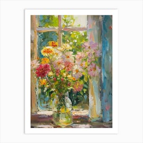 Zinnia Flowers On A Cottage Window 1 Art Print