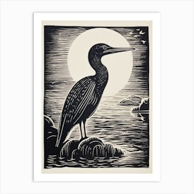 B&W Bird Linocut Cormorant 3 Art Print