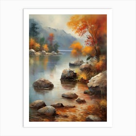 Autumn Lake,Forest Lake, Vintage Oil Painting, Farmhouse Wall Decorations, Antique Landscape, Vintage Landscape Oil Painting.13 Art Print