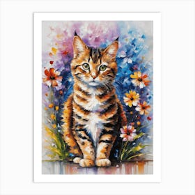 Tabby Cat Surrounded by Flowers Colorful Summer Painting | Gallery Wall Art in HD Art Print