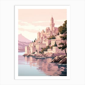 Korcula Croatia 3 Vintage Pink Travel Illustration Art Print