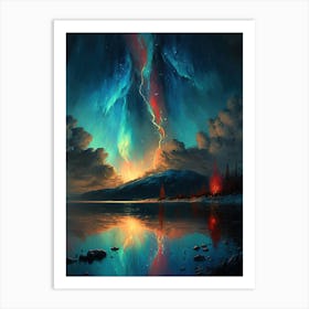 Blue Aurora over Mountains and Lake Art Print