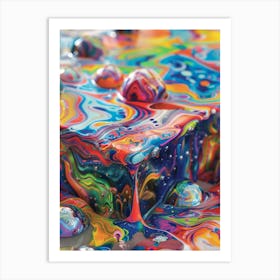 Colorful Marbled Glass, On Top Of An Ice Cream Box Filled To The Brim And Overflowing With Colorful Liquid That Has Spread Out All Over The Table Poster