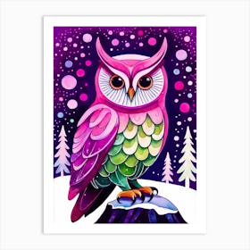 Pink Owl Snowy Landscape Painting (193) Art Print