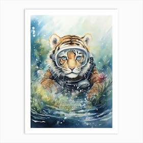 Tiger Illustration Scuba Diving Watercolour 3 Art Print