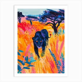 Black Lion Hunting In The Savannah Fauvist Painting 1 Art Print
