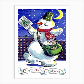 Happy Snowman With New Year Letters, Vintage Soviet Holiday Poster Art Print