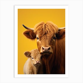 Yellow Photographic Portrait Of Highland Cow And Calf Art Print