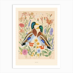 Folksy Floral Animal Drawing Duck Poster Art Print