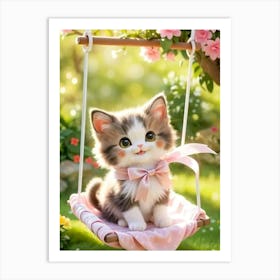 Cute Kitten On Swing Art Print