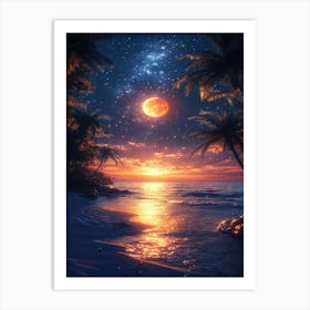 Moon And Palm Trees Art Print