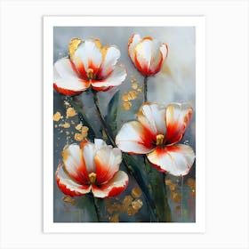 Gold Plated Red And White Parrot Tulips Flowers Pt. 2 Art Print