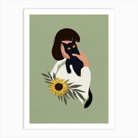 Minimal art Black Cat and Girl With Sunflowers Art Print