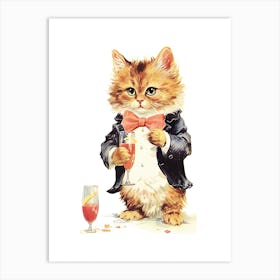 Vintage Smart Cat With A Drink Kitsch Art Print