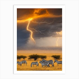 Lightning Over Zebras Art Print