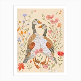 Folksy Floral Animal Drawing Goose 2 Art Print