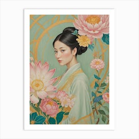 Woman With Flowers In Pastel Art Print