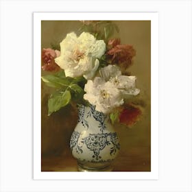 Roses In A Blue And White Vase Art Print