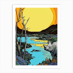 Simple Rhino Illustration By The River 4 Art Print