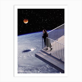 Woman Standing On Balcony Overlooking Earth Vortex Art Print