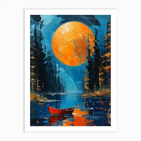 Little Red Boat Under The Golden Moon Art Print