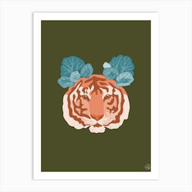Tiger And Saxifraga On Olive Green Art Print