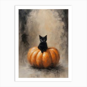 Black Kitten on a Pumpkin | Vintage Halloween Cat Witch All Year Decor | Autumn Moody Aesthetic Art Print | Neutral Tones Gothic Witchcraft Dark Academia Witchcore Painting Art Print