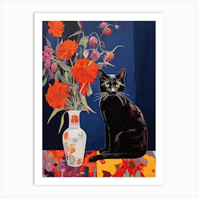 Anemone Flower Vase And A Cat, A Painting In The Style Of Matisse 0 Art Print