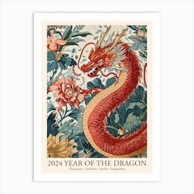 Lunar Year Of The Dragon 2024 Red Dragon Art Chinese Zodiac Blue Flowers Art Print