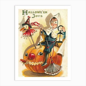 Masked Boy Riding A Big Pumpkin On Halloween Night Art Print