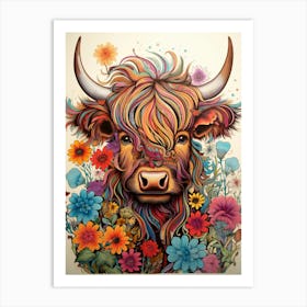 Colourful Floral Illustration Of A Highland Cow Art Print
