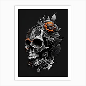 Skull With Floral Patterns 1 Orange Stream Punk Art Print