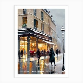 Paris cafes, winter season, Christmas, autumn oil colors, pale colors, pedestrians in the street, winter clothes, falling snow.Christmas decorations.13 Art Print