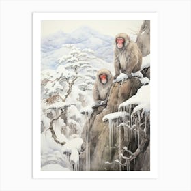 Jigokudani Monkey Park In Nagano, Ukiyo E Drawing 3 Poster