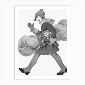 Girl Carrying Yarn, Black and White Vintage Art Print