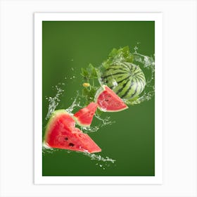 Watermelon Splash Food Fruit Green Red Slices Water Art Print