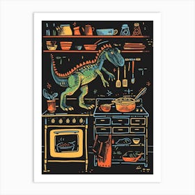 Dinosaur Cooking In The Kitchen Pastel Neon Art Print