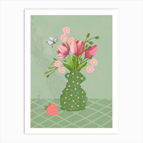 Pink flowers In Green Vase With Strawberry Art Print