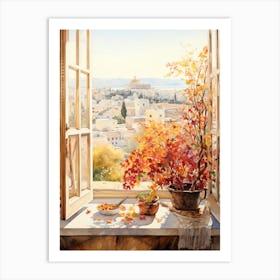 Window View Of  Athens Greece In Autumn Fall, Watercolour 3 Art Print