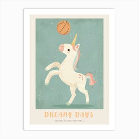 Pastel Storybook Style Unicorn Playing Basketball 1 Poster Art Print