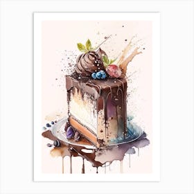 Triple Chocolate Cake Dessert Storybook Watercolour Flower Art Print