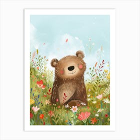 Sloth Bear Cub In A Field Of Flowers Storybook Illustration 3 Art Print